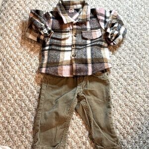 3 to 6 month shacket, pink and tan with cord jeans